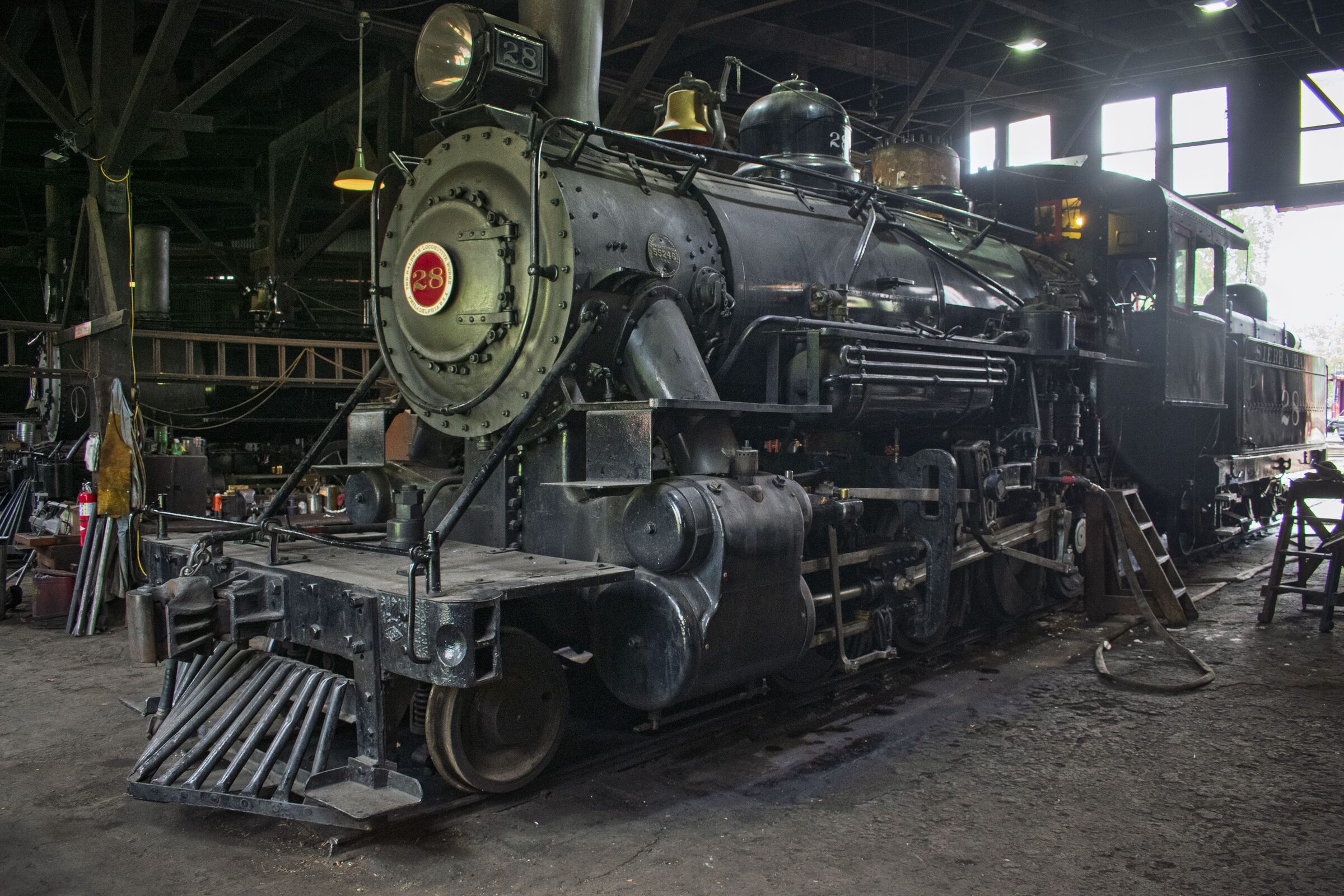 Sierra Railway steam locomotive No. 28 inside the Railtown 1897 roundhouse, Jamestown